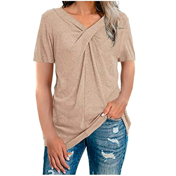 yillto Womens V Neck Shirts Short Sleeve Summer Solid Color Loose Tee Lightweight Soft Basic Top