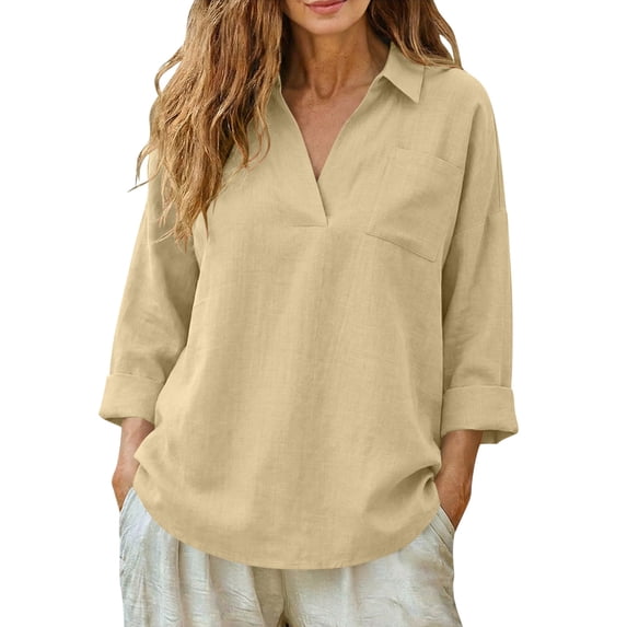 yillto Womens V Neck Shirts with Pocket Long Sleeve Collared Tops Business Casual Summer Top Trendy Loose