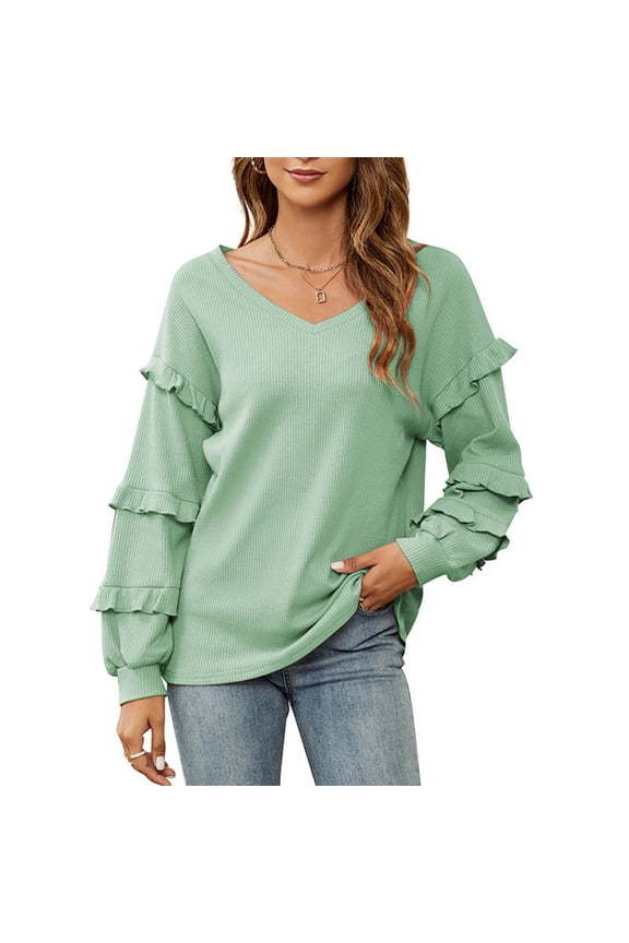 Womens V Neck Sweatshirt Ruffled Long Sleeve Tops Trendy Loose Fashion Solid Color Clothes