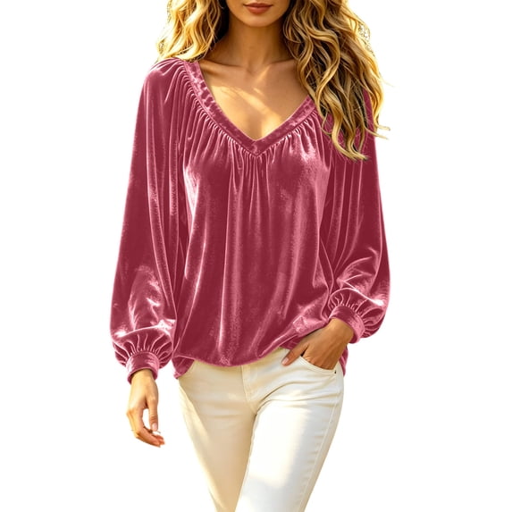 yillto Womens V Neck Tops Velvet Long Sleeve Pleated Loose Fashion Dressy Blouses Party Work Outfits