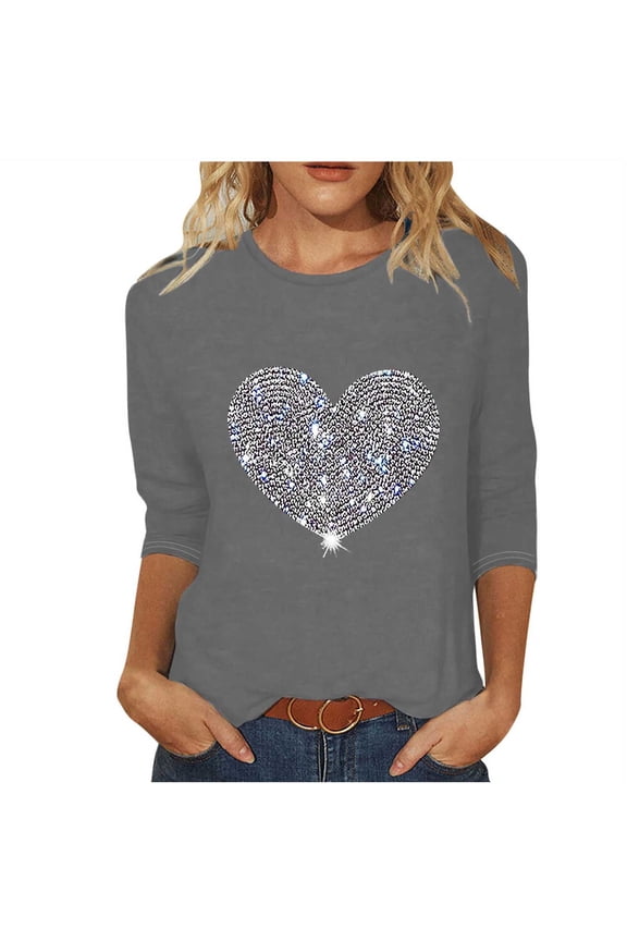 Womens Valentine's Day Shirts Sequin Heart Graphic 3/4 Sleeve Crewneck Tunic Tops Cute Basic Tee S-5XL