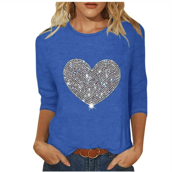 yillto Womens Valentine's Day Shirts Sequin Heart Graphic 3/4 Sleeve Crewneck Tunic Tops Cute Basic Tee S-5XL