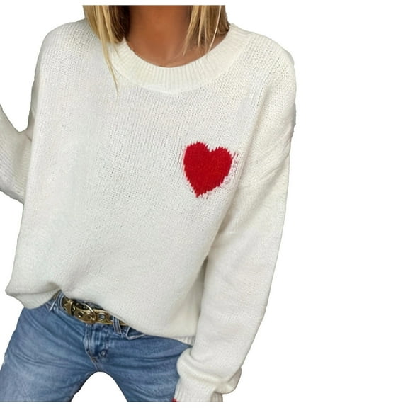 yillto Womens Valentine's Day Sweaters Heart Printed Knit Long Sleeve Tops Round Neck Pullover Sweater Clothes