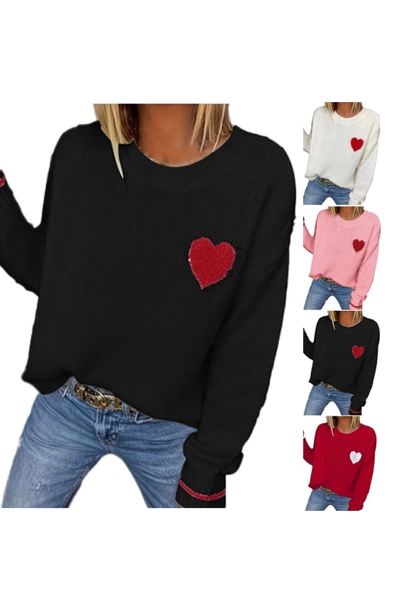 Womens Valentine's Day Sweaters Heart Printed Knit Long Sleeve Tops Round Neck Pullover Sweater Clothes