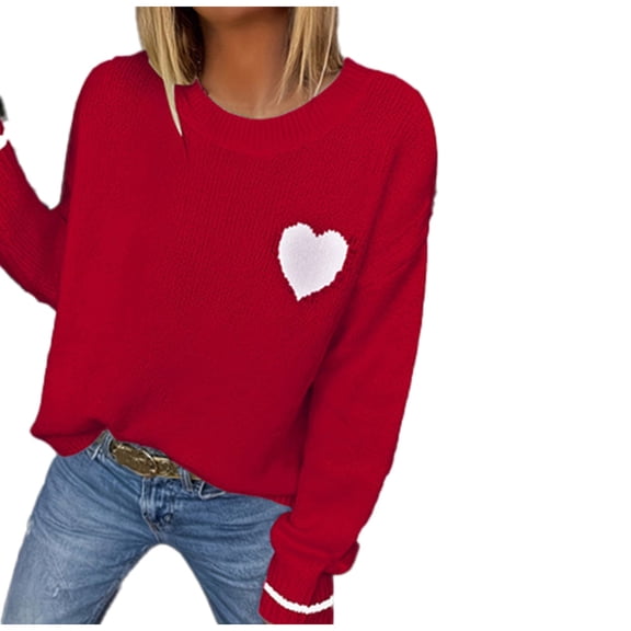 yillto Womens Valentine's Day Sweaters Heart Printed Knit Long Sleeve Tops Round Neck Pullover Sweater Clothes