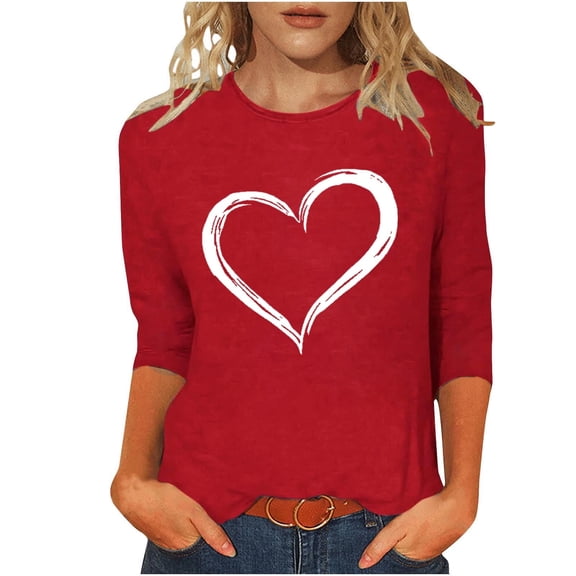 yillto Womens Valentine's Day Tops Plus Size 3/4 Sleeve Blouse Crewneck Cute Heart Printed Tunic Blouse S-5XL