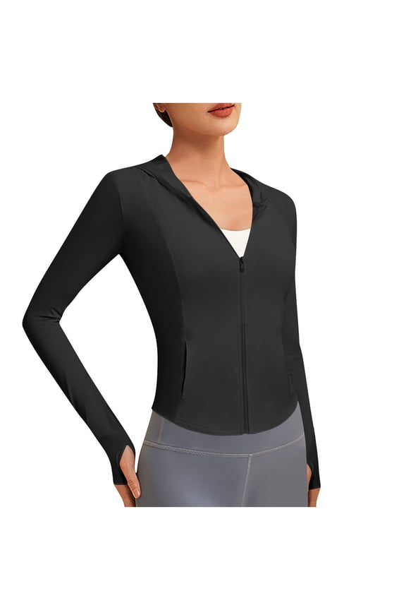 Womens Yoga Jacket with Hoodie Long Sleeve Lightweight Sun Protection Gym Running Sport Jackets