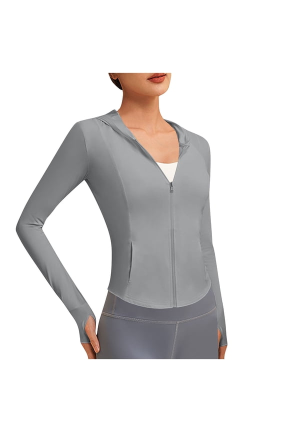 Womens Yoga Jacket with Hoodie Long Sleeve Lightweight Sun Protection Gym Running Sport Jackets