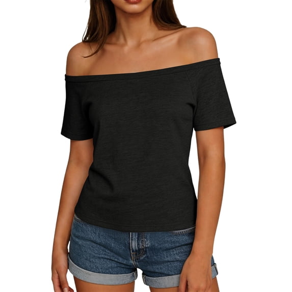 yillto Womens off Shoulder Tops Summer Spring Tshirts Short Sleeve Slim Solid Color Tees Going out Shirts