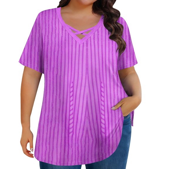 yillto XL-5XL Women Plus Size Striped Tops V Neck Tunic Blouse Loose Summer Fashion Dressy Shirt Outfits