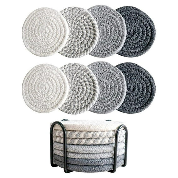 yilyih 8 Pcs Drink Coasters with Holder,4 Colors Absorbent Coasters for Drinks,Minimalist Cotton Woven Coaster Set for Home Decor Tabletop Protection Suitable for Kinds of Cups,4.3 Inches