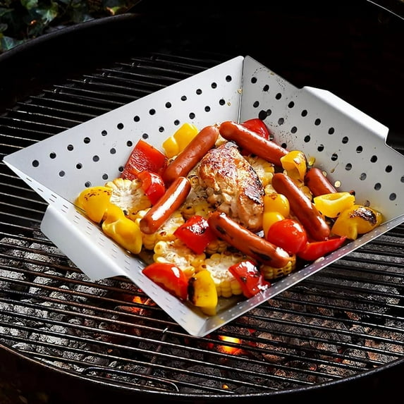 yilyih Grillaholics Grill Basket for Outdoor Grill- Durable Premium Stainless Steel Vegetable Grill Basket - Family Size Bbq Grill Basket - Perfect Grilling Accessories for Kebabs