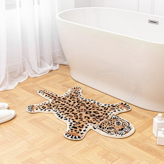 yingda1992 Brown Leopard Bath Mat for Bathroom Cute Cheetah Print Funny Cartoon Non Slip Animal Shaped Absorbent Bathtub Mat Plush Shower Door Mat Decor 39.3x25.5 Inch