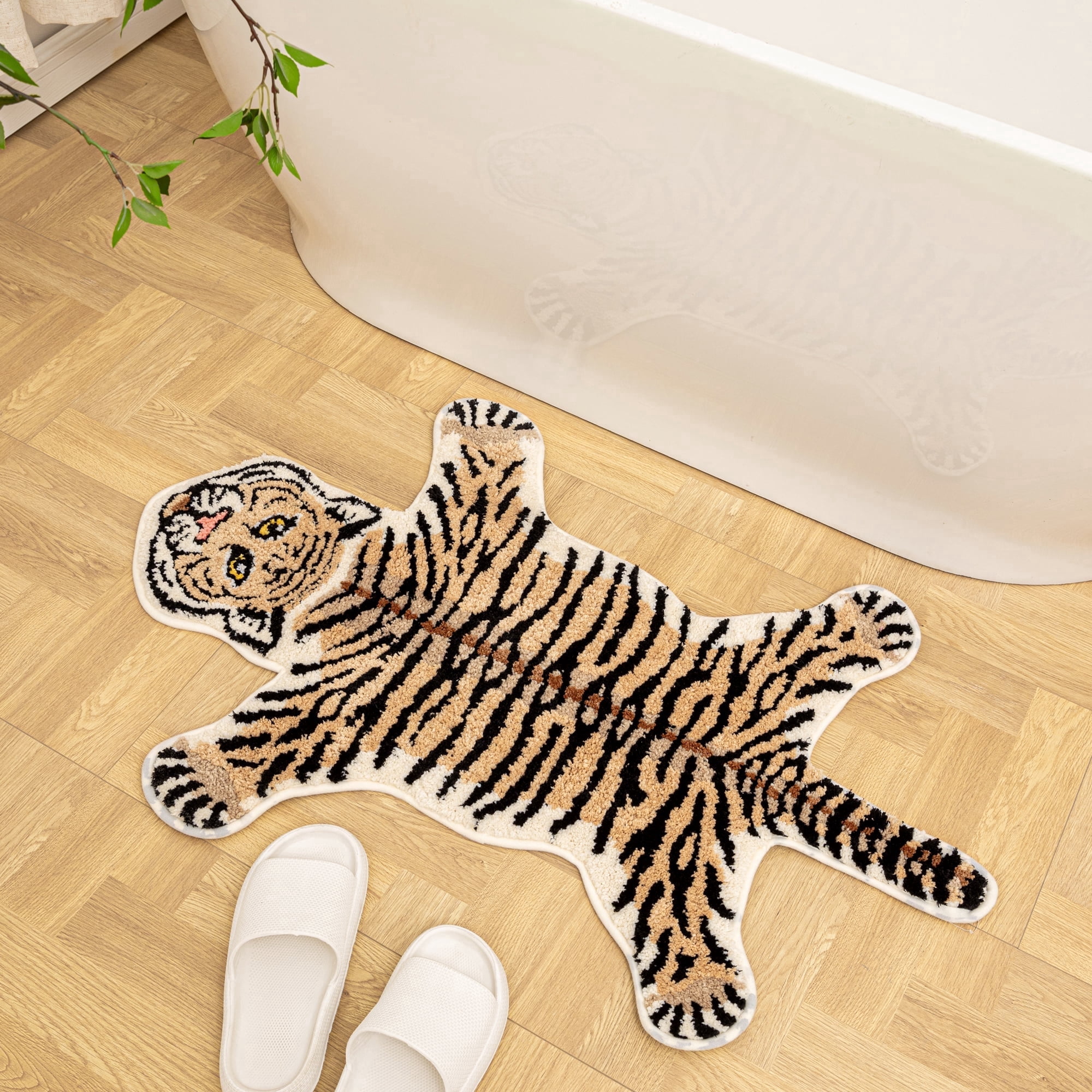 yingda1992 Brown Tiger Bath Mat for Bathroom Cute Tiger Print Funny Cartoon Non Slip Animal Shaped Absorbent Bathtub Mat Plush Shower Door Mat Decor 39.3x25.5 Inch