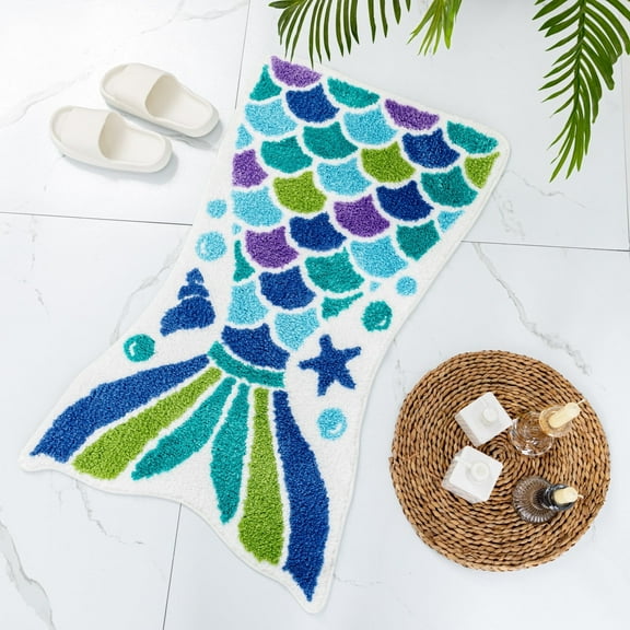 yingda1992 Mermaid Bath Mat Cute Blue Ocean Fish Scales Tail Shape Non-Slip Bathroom Rugs Absorbent Shower Bathtub Carpet 39.4x23.6in