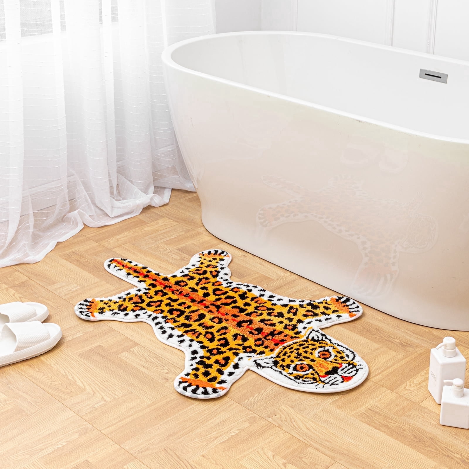 yingda1992 Orange Yellow Leopard Bath Mat for Bathroom Cute Cheetah Print Funny Cartoon Non Slip Animal Shaped Absorbent Bathtub Mat Plush Shower Door Mat Decor 39.3x25.5 Inch