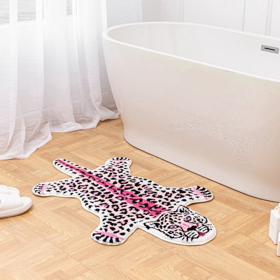 yingda1992 Pink Leopard Bath Mat for Bathroom Cute Cheetah Print Funny Cartoon Non Slip Animal Shaped Absorbent Bathtub Mat Plush Shower Door Mat Decor 39.3x25.5 Inch