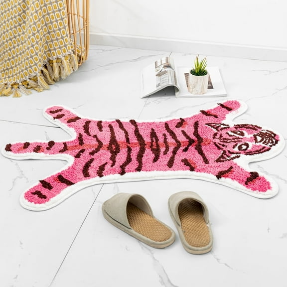 yingda1992 Tiger Shaped Bath Mat Cartoon Animals Non-Slip Bathroom Rug Home Decor Door Mat for Bedroom Kitchen Pink+Brown 21.4inx32.2in