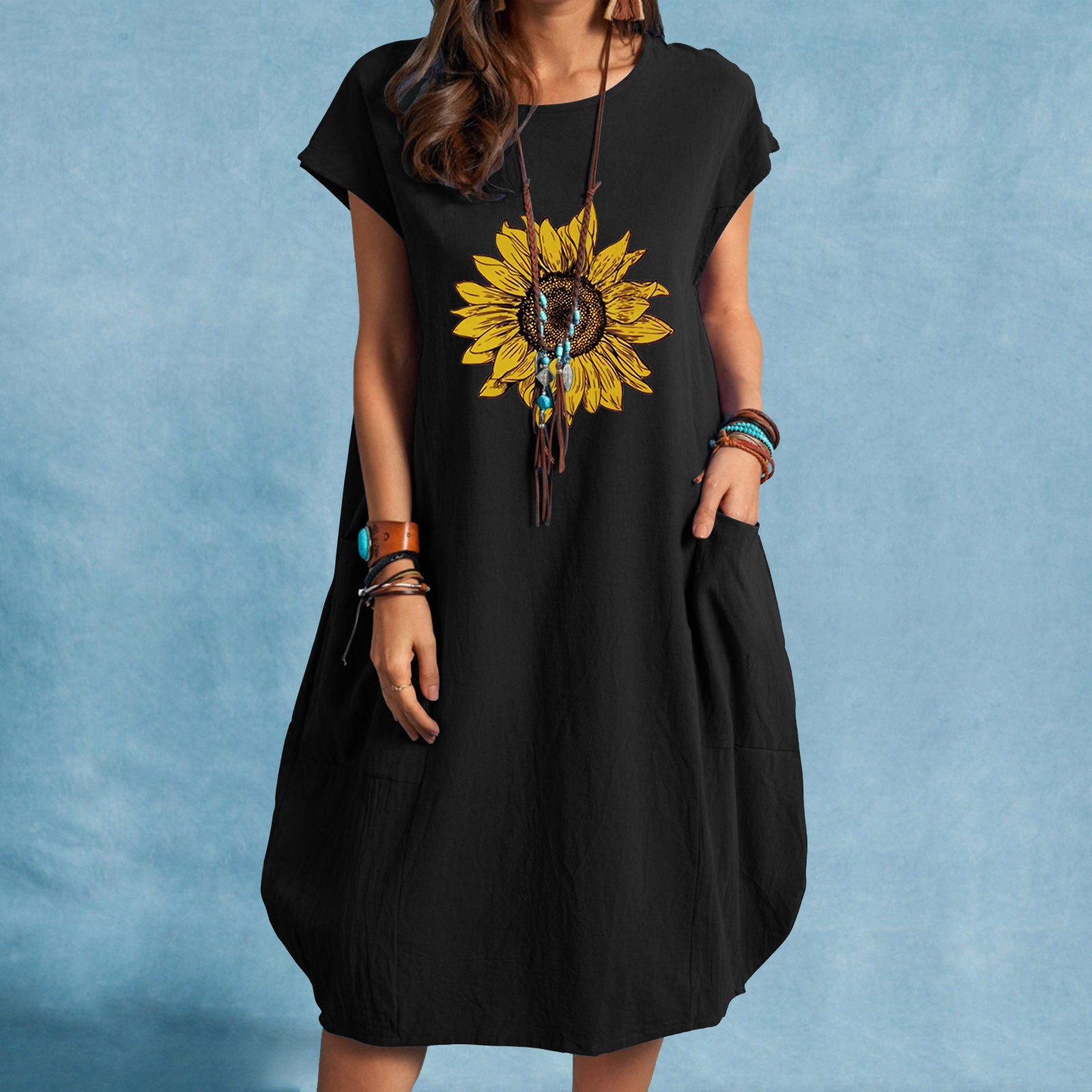yinguo lady sunflowers printed loose short sleeve dress for women
