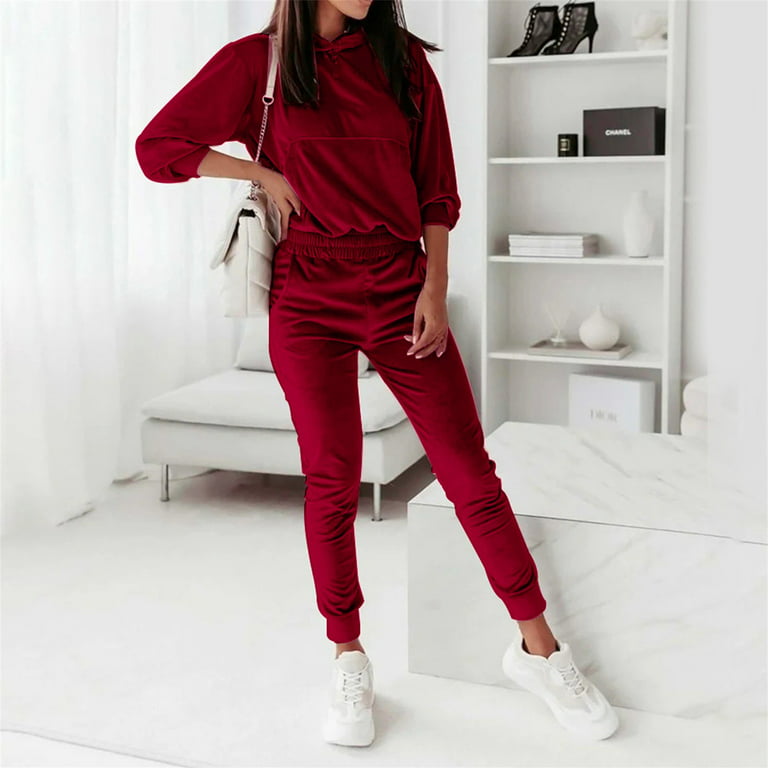 yinguo women hood tracksuit two piece sets pullovers sweatshirt top and  high waist wide leg pants female fashion suit 