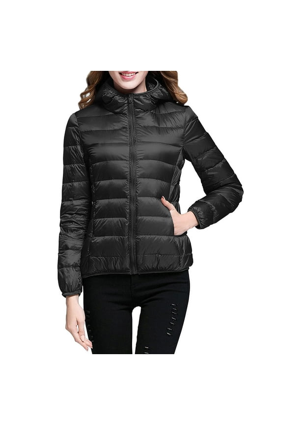 women's packable down jacket lightweight puffer jacket hooded winter coat black l