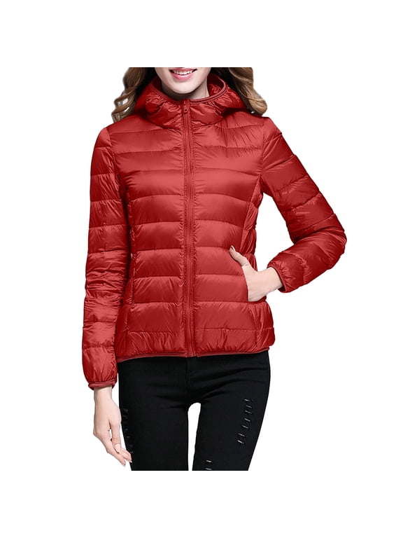 women's packable down jacket lightweight puffer jacket hooded winter coat red l