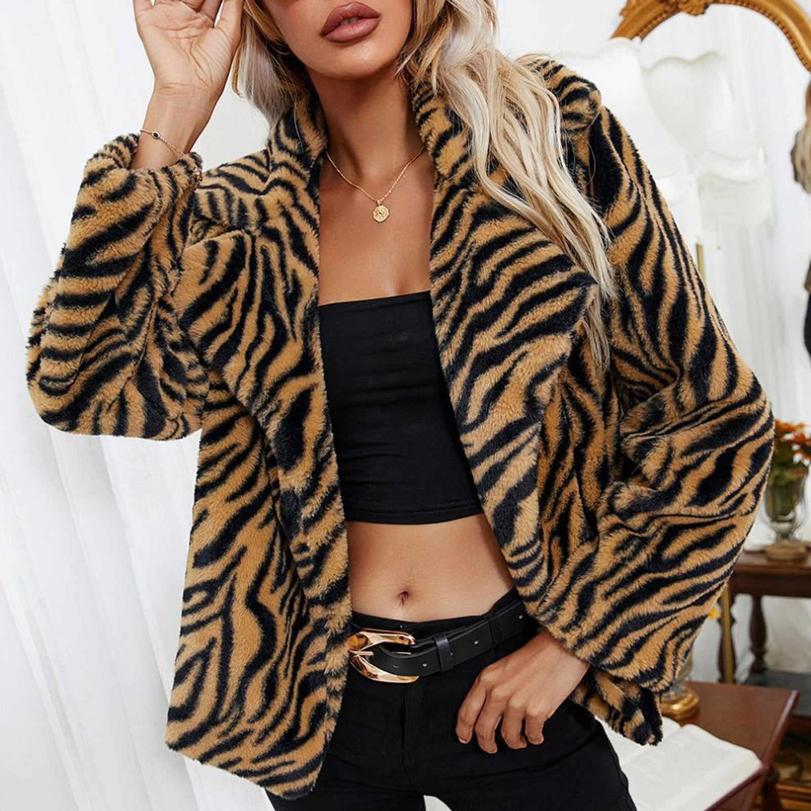 yinguo women s tiger print lapel plush loose loose leather jacket