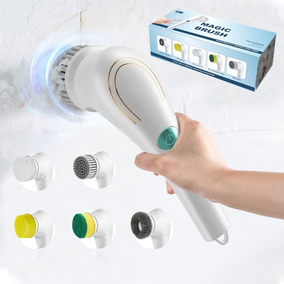 Yl-YANG Electric Scrubber, Handheld Cleaning Brush, Includes 5 Replaceable Heads, Bathroom, Kitchen, Floor, Dish, Shoe, Glass - Multifunctional Home Accessory24.5*4.5*8.5cm,white