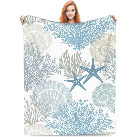 ylfffasdscs Starfish Seashell Coral Beach White Fleece Throw, 50” x 60”
