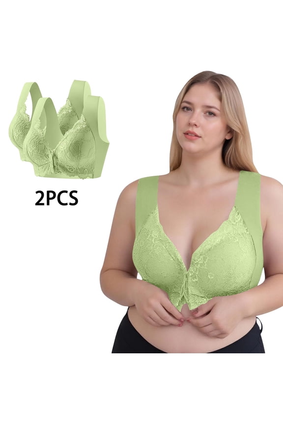 2 Pack Bras for Women Plus Size M-5X Front Closure Lace Splice Bralettes Womens Wireless Push Up No Show Back-Smoothing Tshirt Bra Underwear