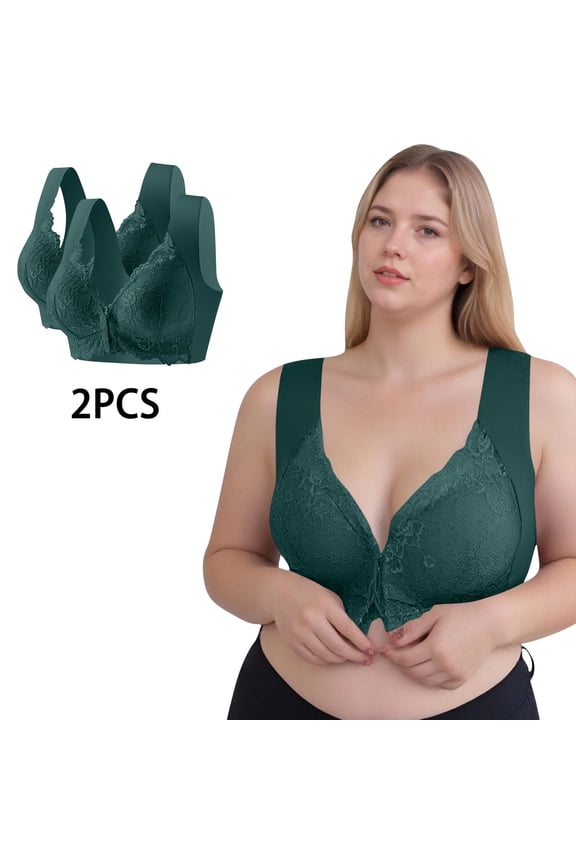 2 Pack Bras for Women Plus Size M-5X Front Closure Lace Splice Bralettes Womens Wireless Push Up No Show Back-Smoothing Tshirt Bra Underwear