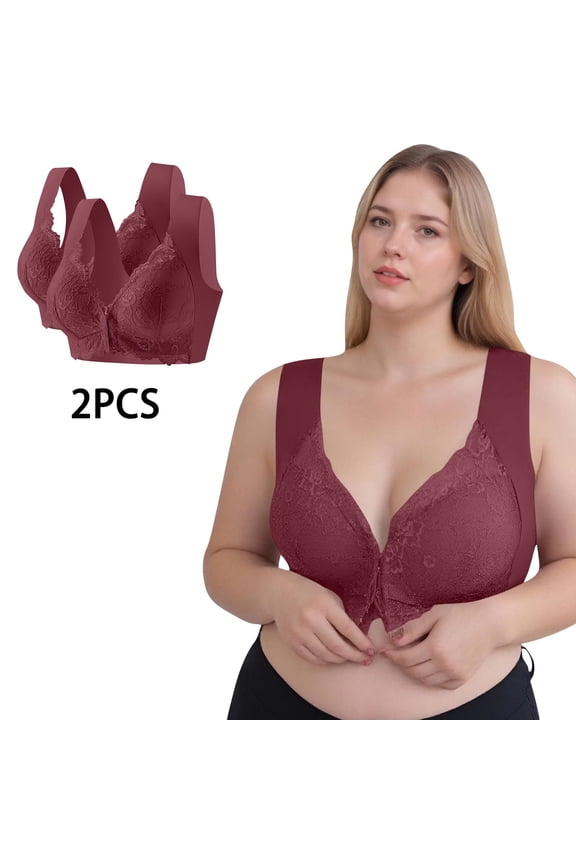 2 Pack Bras for Women Plus Size M-5X Front Closure Lace Splice Bralettes Womens Wireless Push Up No Show Back-Smoothing Tshirt Bra Underwear