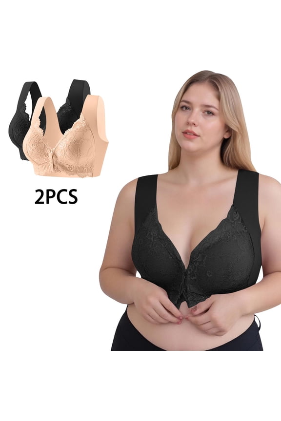 2 Pack Plus Size Bras for Women Front Closure M-5X Push Up Bralettes No Underwire Lightweight Lace Splice Back-Smoothing Everyday Tshirt Bra