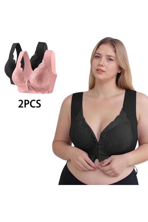 2 Pack Plus Size Bras for Women Front Closure M-5X Push Up Bralettes No Underwire Lightweight Lace Splice Back-Smoothing Everyday Tshirt Bra
