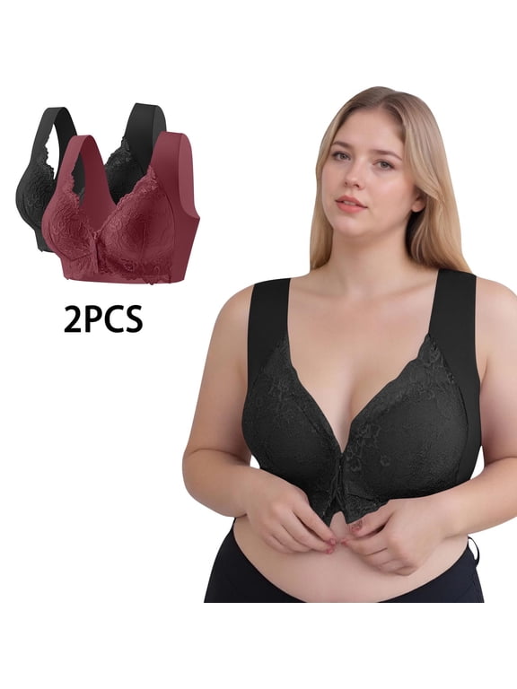 2 Pack Plus Size Bras for Women Front Closure M-5X Push Up Bralettes No Underwire Lightweight Lace Splice Back-Smoothing Everyday Tshirt Bra