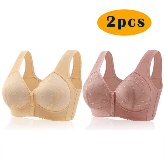 ylioge 2 Pack Plus Size Bras for Women S-6XL Front Closure No Underwire Bralettes Breathable Full Coverage Soft Support Underwear Bra