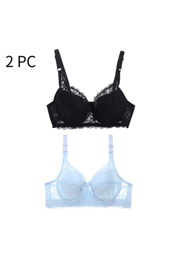 2 Pack Plus Size Womens Bras S-4XL Lightweight Lace Push Up Bralettes Ladies Breathable Hollow Out No Padded Support Underwear Bra