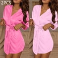 thumbnail image 1 of ylioge 2 Pack Robes for Women Lightweight Silk Satin Short Length Bathrobes with Belt Ladies Solid 3/4 Sleeve Multipack Open Front Homewear Bath Robe, 1 of 8