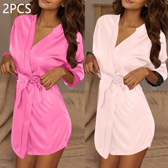 ylioge 2 Pack Robes for Women Lightweight Silk Satin Short Length Bathrobes with Belt Ladies Solid 3/4 Sleeve Multipack Open Front Homewear Bath Robe