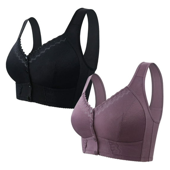 ylioge 2 Pack Sports Bras for Women S-5X Plus Size Wireless No Show Bralettes Front Closure Push Up Solid Color Full-Coverage Underwear Bra