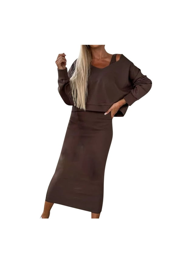 2 Piece Fall Sets for Women, Womens Elegant Slim Fit Bodycon Tank Dress Sleeveless Hlater Hight Waist Pencil Hem Solid Maxi Dresses and Loose Long Sleeve V Neck Pullover Sweatshirts Set