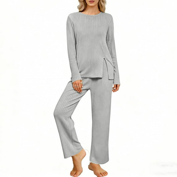 ylioge 2 Piece Pajama Sets for Women Casual Solid Color Long Sleeve Tops and Straight Leg Loose Comfortable Homewear Sleepwear Pajamas Outfits Set