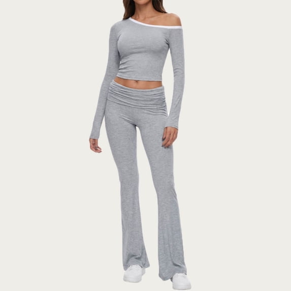 ylioge 2 Piece Pajama Sets for Women Long Sleeve Cropped Tops Bootcut Pants Trendy Solid Color Stretchy Slim Comfort Loungewear Yoga Pajamas Outfits