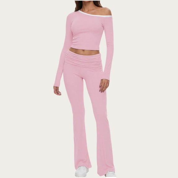 ylioge 2 Piece Pajama Sets for Women Long Sleeve Cropped Tops Bootcut Pants Trendy Solid Color Stretchy Slim Comfort Loungewear Yoga Pajamas Outfits