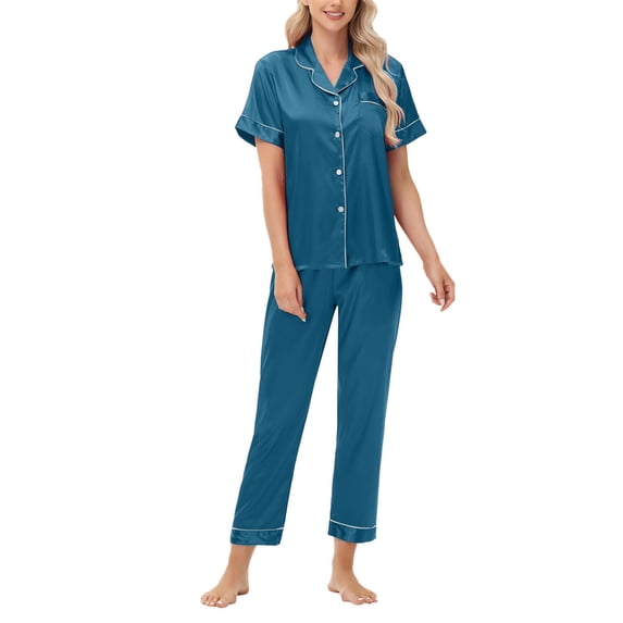 ylioge 2 Piece Pajama Sets for Women with Pocket Lightweight Silk Satin Short Sleeve Shirts Straight Leg Pants Solid Color Loungewear Pajamas Outfits