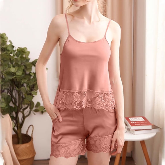 ylioge 2 Piece Satin Pajama Sets for Women Lace Splice Sleeveless Tank Tops Wide Leg Shorts Trendy Solid Color Soft Homewear Sleepwear Pajamas Outfits