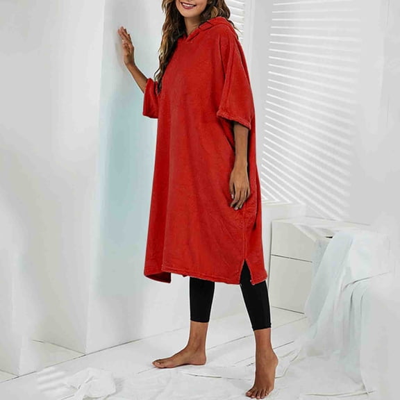 ylioge 3/4 Sleeve Nightgowns for Women with Hoodie Pullover Bath Robes Ladies Casual Solid Side Slit Long Length Loungewear Homewear Pajama Tshirts