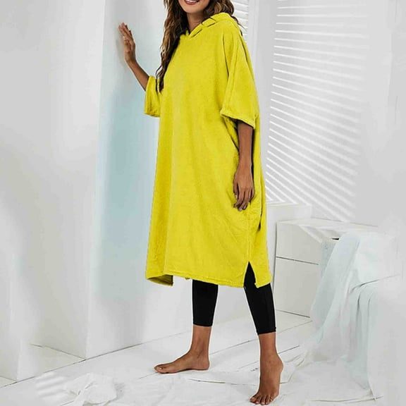 ylioge 3/4 Sleeve Nightgowns for Women with Hoodie Pullover Bath Robes Ladies Casual Solid Side Slit Long Length Loungewear Homewear Pajama Tshirts