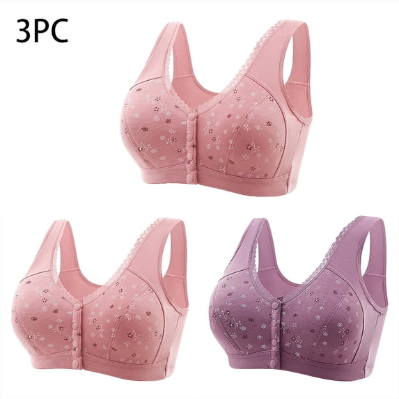 ylioge 3 Pack Front Closure Bras for Old Women Plus Size M-7X No Underwire Push Up Bralettes Soft Cotton Full-Coverage Underwear Bra