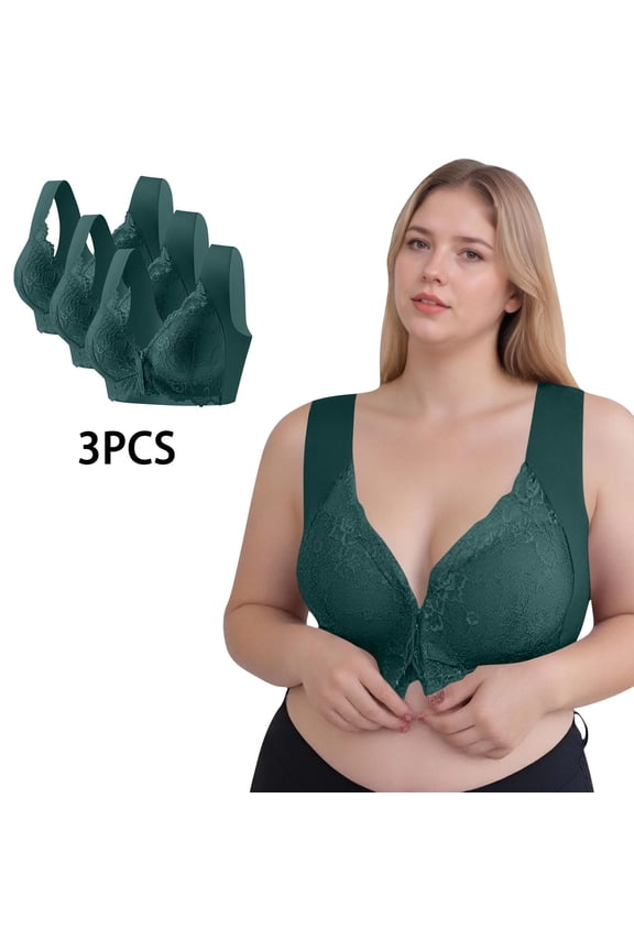3 Pack Front Closure Bras for Women Plus Size M-5X Push Up Bralettes No Underwire Lightweight Lace Splice Back-Smoothing Tshirt Underwear Bra